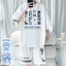 2025夏季新款旋律风车大码冰丝印花短袖套装M-5XHQ25585-P60，男装休闲套装，电商A022