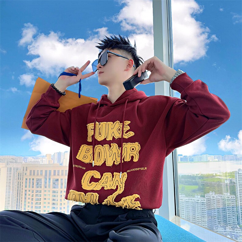AW223/P88控118秋季社会小伙连帽贴布拼接设计感打底卫衣男红首图片