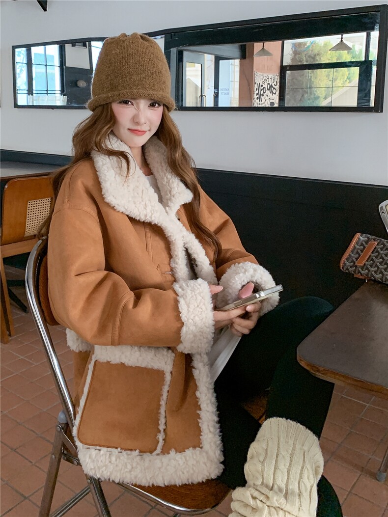 咖色复古双面穿麂皮绒羊羔毛外套女2025冬季保暖加厚皮毛一体棉服,女装羊羔毛/颗粒绒,乐吉娜