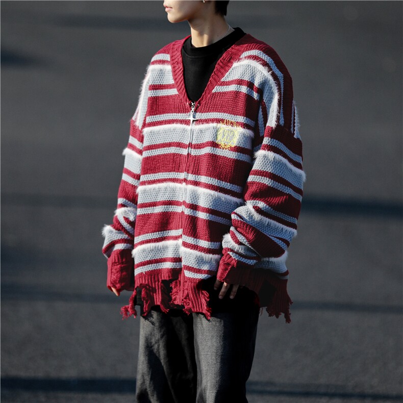 秋冬季新款美式复古条纹破坏感针织衫男女宽松休闲情侣开衫毛衣潮，男装针织衫/毛衣，星座1210-1