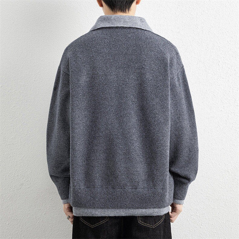 25673-P75重磅加厚翻领毛衣外套男针织衫假两件翻领宽松打底衫,男装T恤,电商D310B
