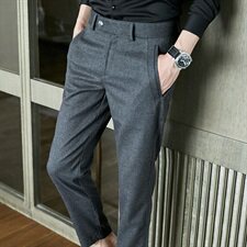 A1952021秋冬磨毛长裤男式裤子修身休闲裤英伦-毛呢-黑色，男装休闲裤，电商A211