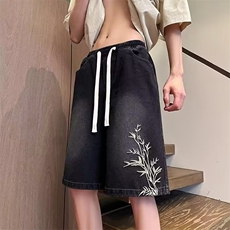 新中式风竹子刺绣牛仔短裤男夏季薄款情侣高街休闲五分裤，男装牛仔裤，星座516A