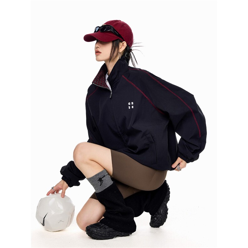 明线立领拉链夹克女2025秋季新款宽松bf美式学院风外套,男装夹克,星座1210-1