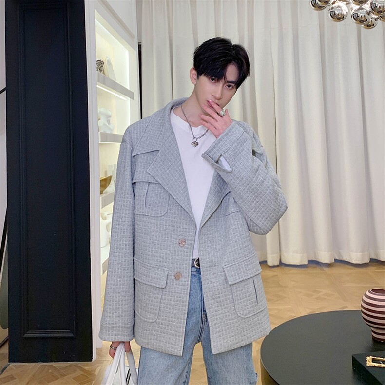 新款慵懒风菱型格子宽松外套男潮流百搭上衣夹克A452--H02，男装夹克，电商A452