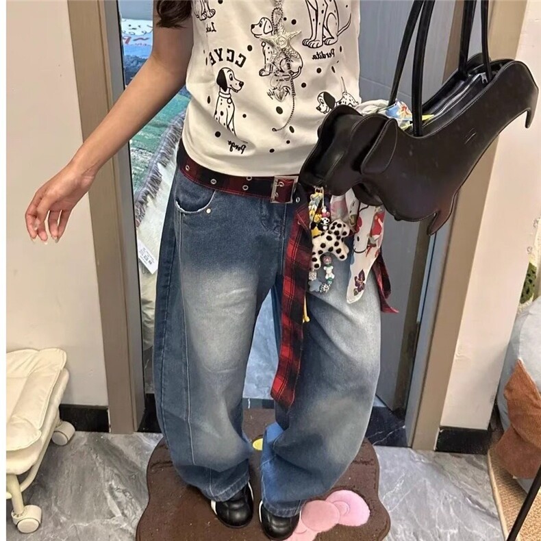 【有货】DBK3061-特批58美式复古红色格子小标刺绣口袋弯刀牛仔裤图片