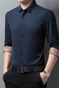 长袖衬衫男春秋季2023新款高端商务翻领薄款中年宽松免烫衬衣图片