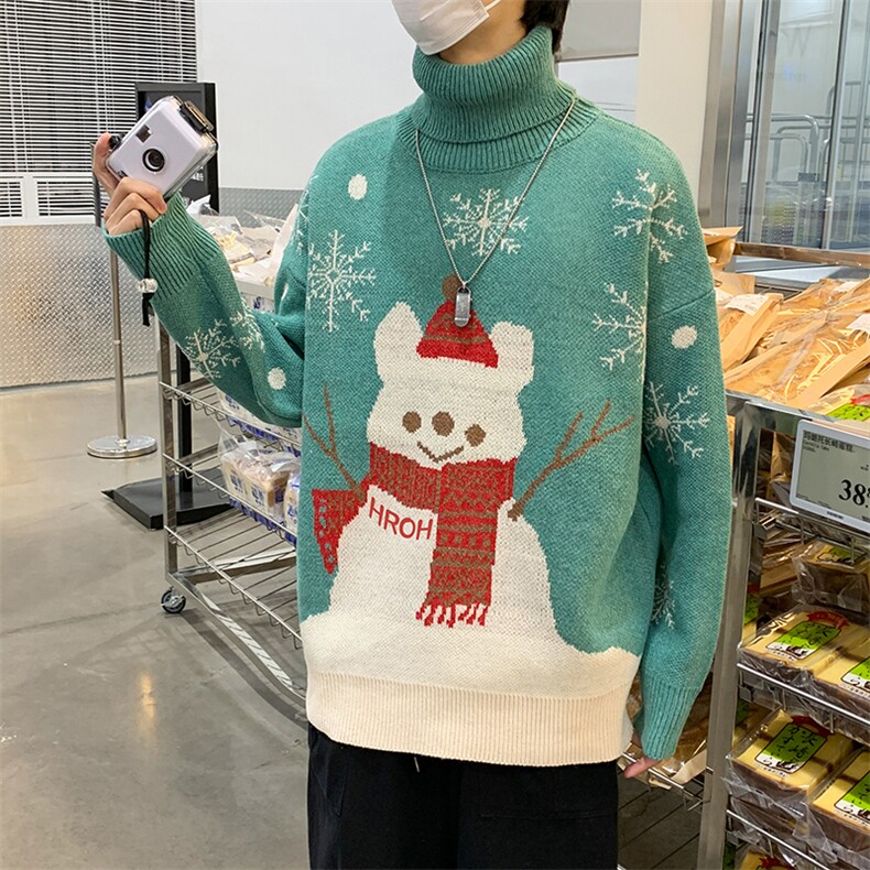 秋冬季卡通小雪人圣诞情侣毛衣男高领打底衫宽松针织衫男M484-P45图片