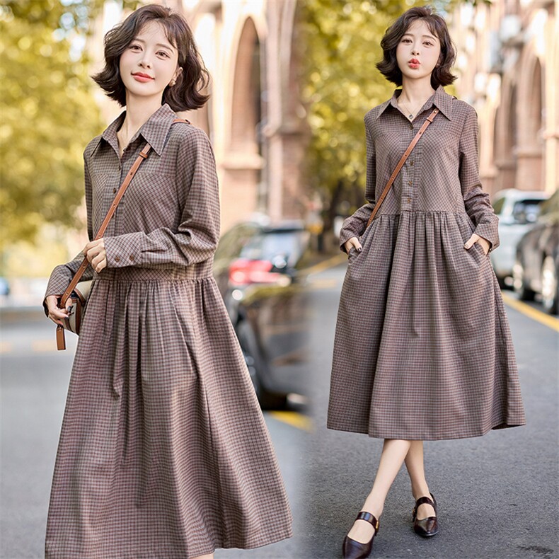 格纹衬衫连衣裙女2025春季新款宽松显瘦气质名媛收腰长裙，女装连衣裙，水衣源