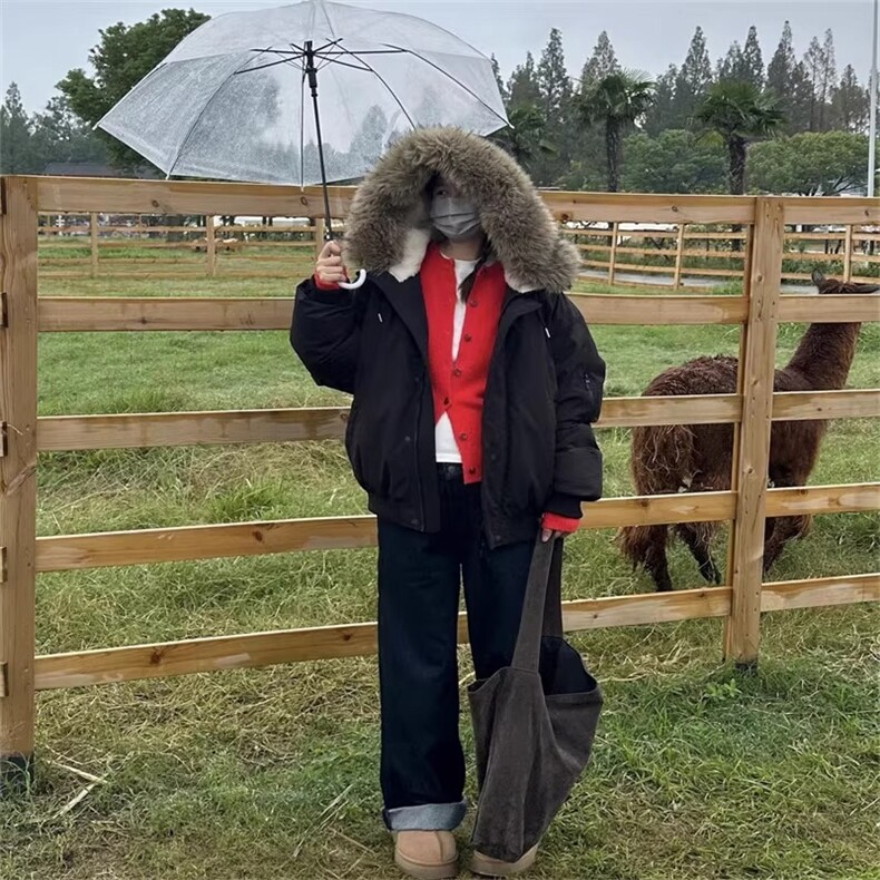 大毛领派克服棉衣女冬季军绿色韩系高级感小个子复古宽松棉服外套,男装棉衣,星座506A