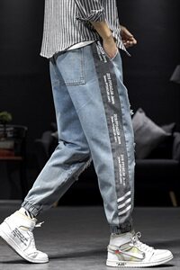 2021春秋季新日系男大码束脚印花撞色拼接九分破洞牛仔裤N8105-P50图片