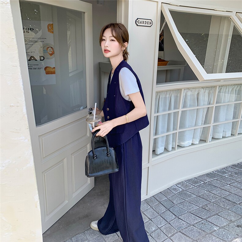 深蓝色休闲牛仔马甲套装裤女装春季新款韩风chic阔腿裤盐系两件套,女装套装/套裙,2C051