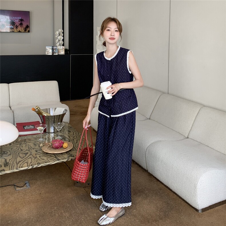 2025夏季新淡人穿搭圆领点点仿牛仔薄款蕾丝花边套装阔腿裤两件套,女装套装/套裙,2C307