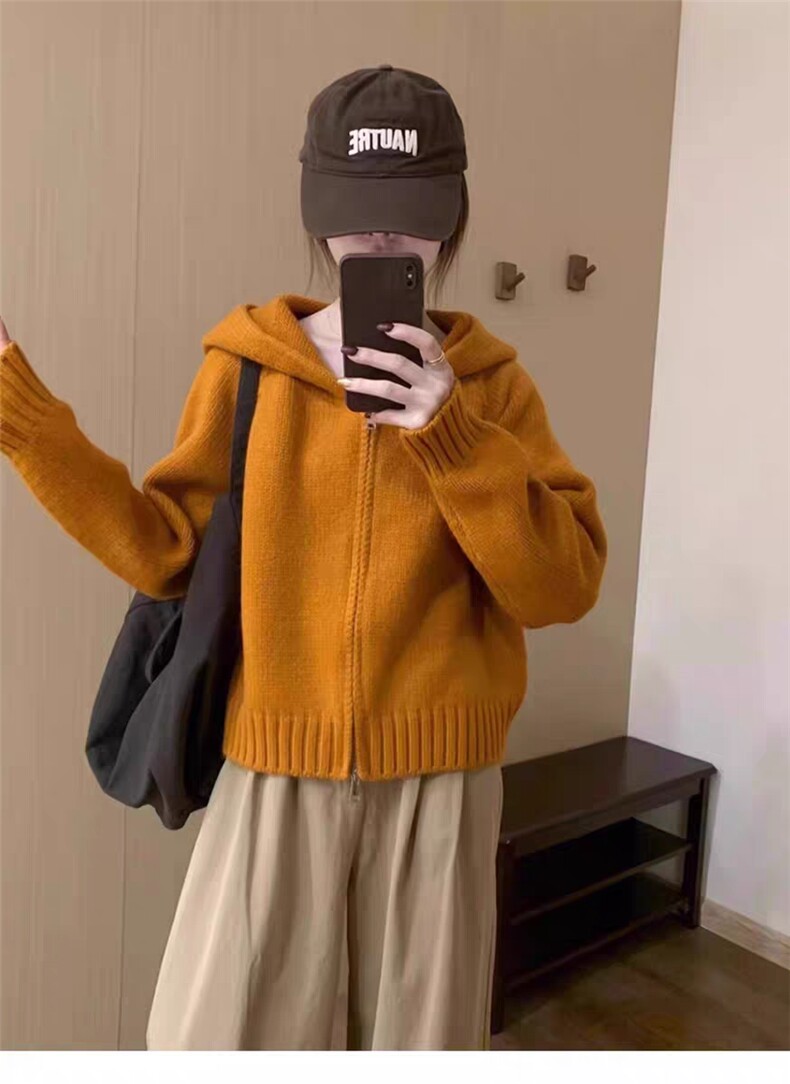 2025秋冬新款舒适百搭简约软糯时尚连帽拉链针织开衫，女装针织衫/毛衣，美雪羊绒