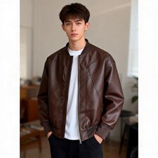 抖音得物高品质美式高街复古老钱风PU皮夹克外套男女短款机车皮衣，男装夹克，电商A486