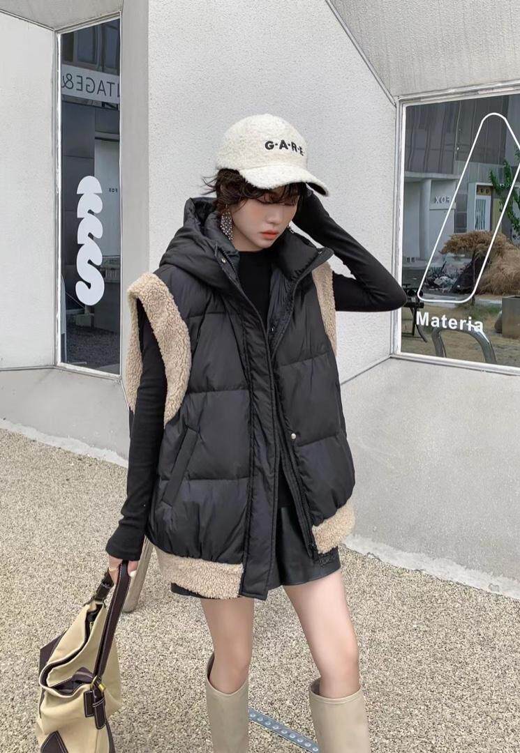 爱美欧，现货，羊羔毛拼接羽绒马甲，女装马甲，爱美欧