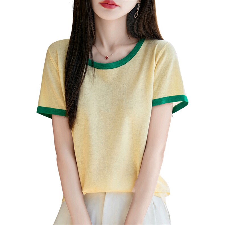 拼色圆领精纺桑蚕丝羊毛针织短袖T恤女夏季新款宽松半袖上衣打底,女装T恤,暖烁特种纱工厂店
