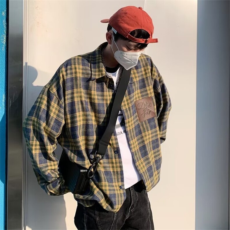日系潮流设计感格子衬衫男复古宽松休闲长袖衬衣外套CS258-P38图片