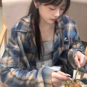 TC620-P45美式慵懒风格子衬衫外套女秋冬季衬衣小个子长袖上衣图片