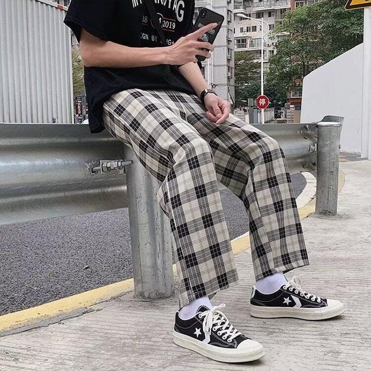 K62#-P30格子休闲裤子潮夏季薄款宽松显瘦百搭直筒裤高腰,男装休闲裤,电商B323A