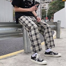 K62#-P30格子休闲裤子潮夏季薄款宽松显瘦百搭直筒裤高腰，男装休闲裤，电商B323A