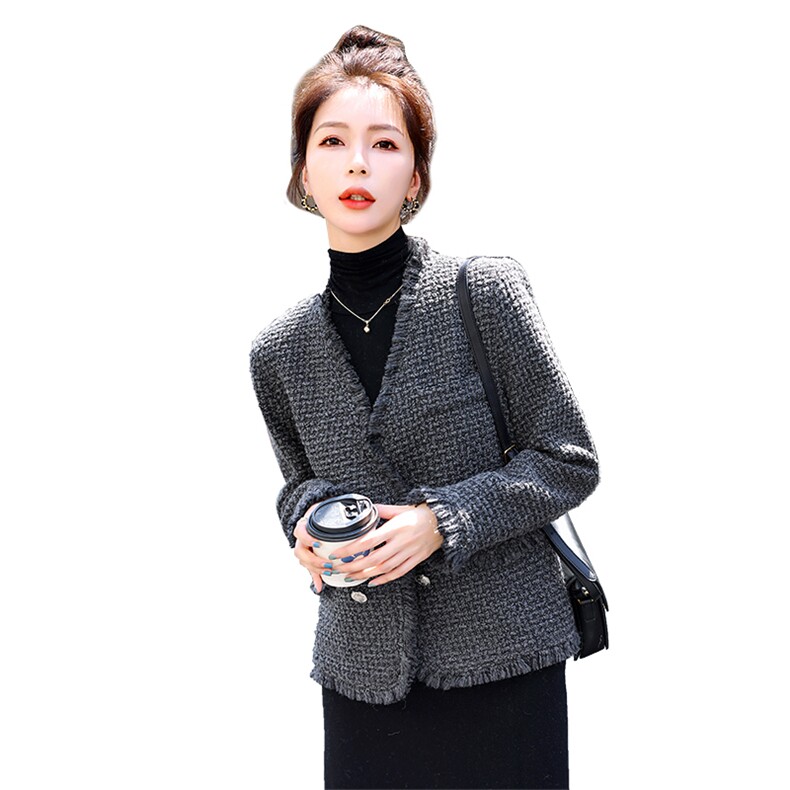 外套女2023秋冬新款小香风高级感炸街灰色名媛v领小个子短款上衣,女装毛呢外套,秋水欣儿