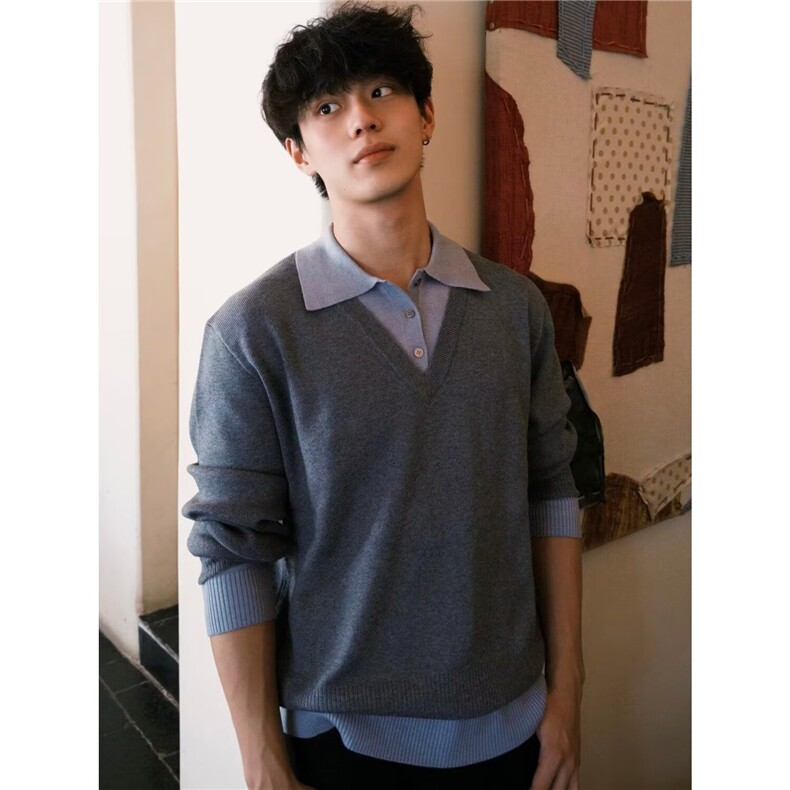 M13-P53日系慵懒假两件p0l0领毛衣针织衫潮流流行简约百搭,男装针织衫/毛衣,电商B323A