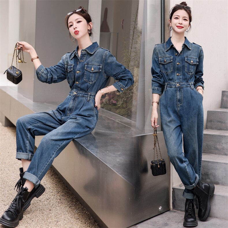 (现货)工装牛仔连体裤女2026年新款春秋高级感气质显瘦减龄连衣裤,女装连体裤,印象茜