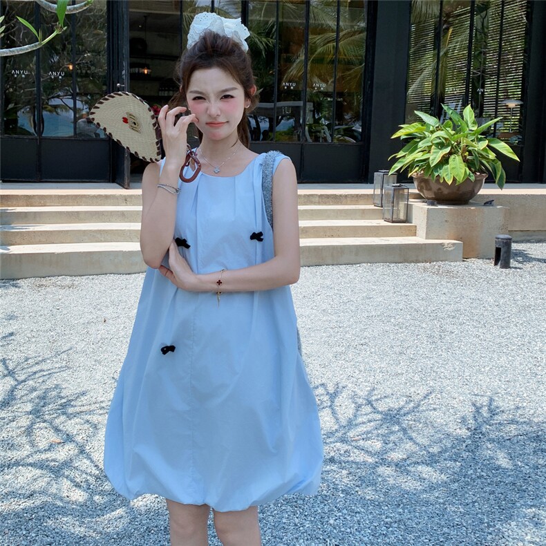 浅蓝色蝴蝶结初恋花苞连衣裙女2025年夏季新款浪漫少女风背心裙子,女装连衣裙,2C050