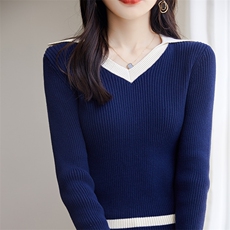 秋季新款学院风V领针织衫显瘦百搭长袖毛衣时尚气质女装，女装针织衫/毛衣，凝珊羊绒