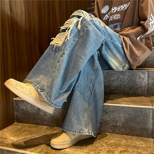 美式复古破洞牛仔裤男夏宽松阔腿直筒拖地潮牌高街裤子RK777-P50图片