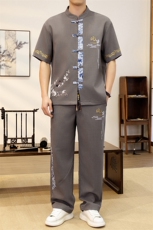 潮风套装男新中式短袖衬衫时尚休闲长裤两件套JZ303-P63，男装T恤，星座310B-3