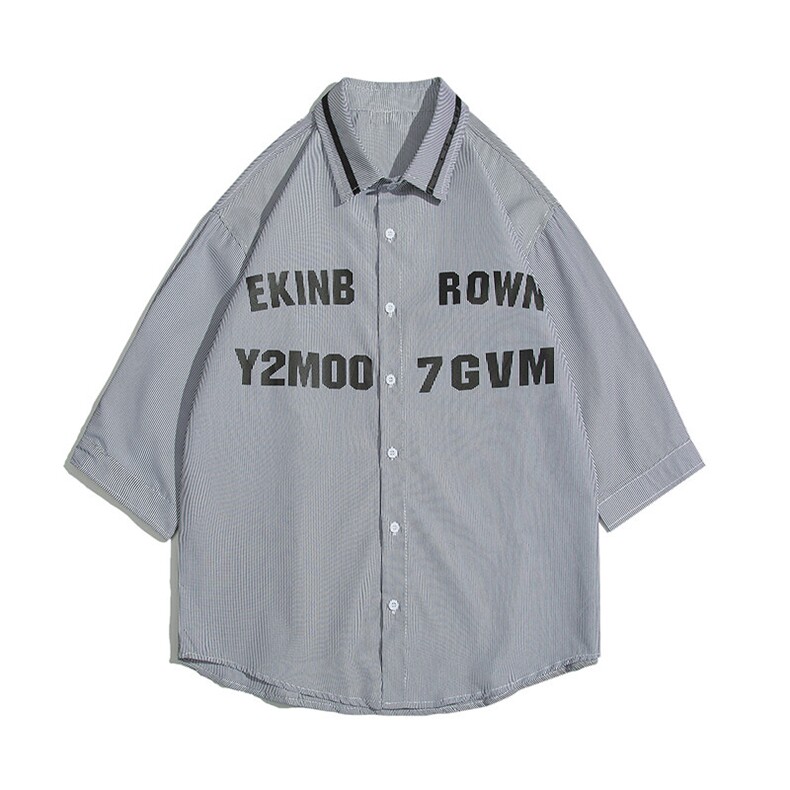 1白底竖条纹大码M-5XL日系潮流情侣七分袖衬衫男QCS7018P45控59，男装衬衫，星座226-2