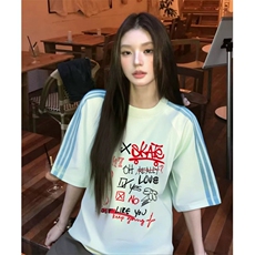 抖音得物品质二开240克宽松纯棉美式潮牌印花三条杠中性风短袖T恤，男装T恤，电商A486