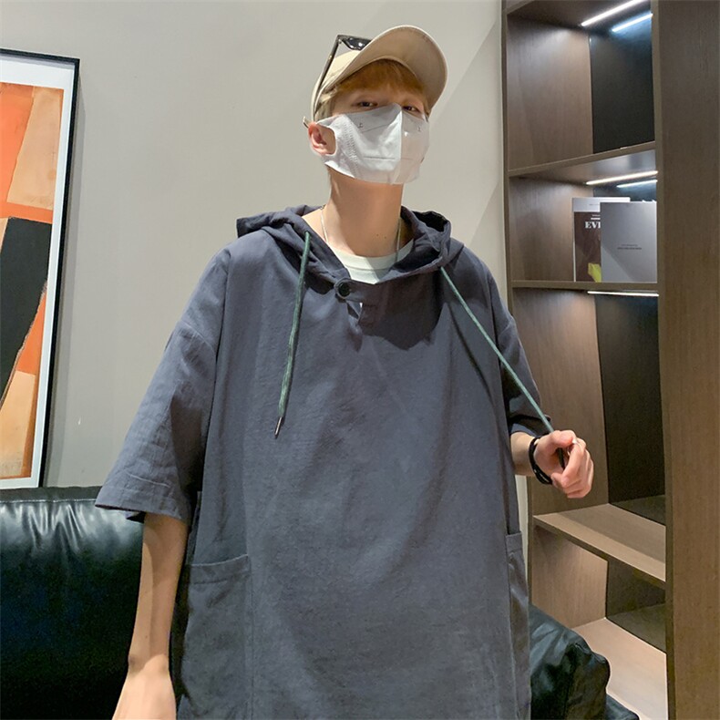夏季美式复古工装短袖卫衣夏薄款2024连帽t恤潮牌日系七分袖半袖,男装T恤,星座1013