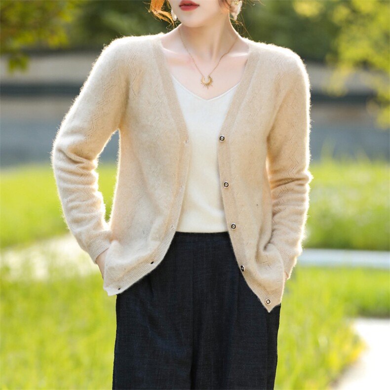 优雅女士V领镂空羊毛开衫羊毛春秋新款显瘦百搭外套，女装羊毛衫，鑫源羊绒