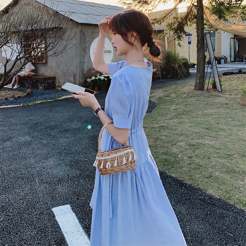 （现货）收腰泡泡袖连衣裙女2024年夏季新款时尚气质法式V领裙子，女装连衣裙，唯依ONLY