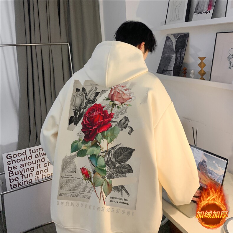 冬季新款加绒连帽大码卫衣男美式复古玫瑰印花JR23390特45-控78,男装卫衣,星座605(原A050)