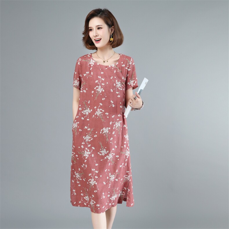 2021年夏季中长款通勤高腰A字裙40-49周岁印花圆领套头韩版裙子,女装连衣裙,伊满意