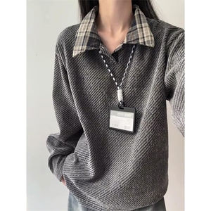 W55日系复古细格纹长袖衬衫慵懒风宽松简约休闲格子衬衣外套图片