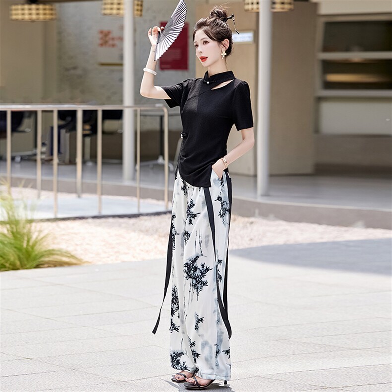 新中式国风套装女2024夏季新款高级感改良旗袍水墨画阔腿裤两件套,女装套装/套裙,芷墨服饰