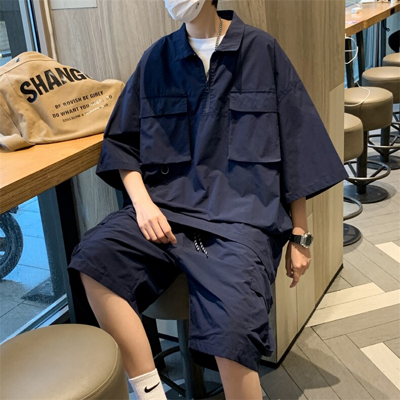 潮牌百搭短裤一套搭配休闲套装男夏季机能风两件套短袖W7272-P62,男装衬衫,星座512-3