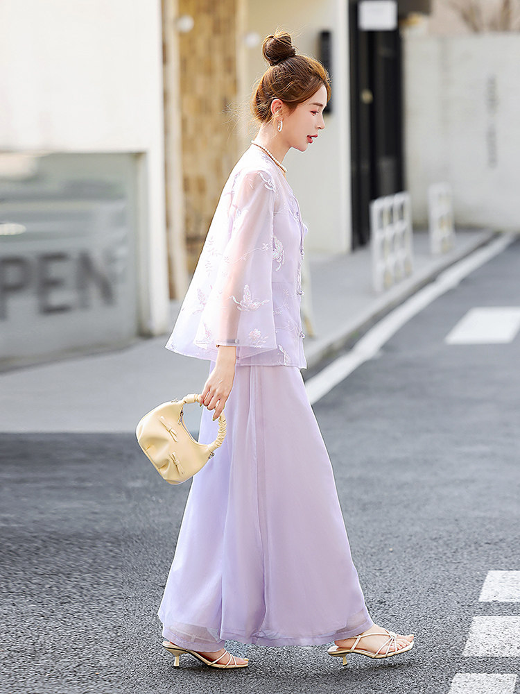 新中式刺绣紫色套装女2025夏季新款高级感优雅仙气阔腿裙裤三件套,女装套装/套裙,歌伊格美