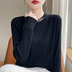 圆领珍珠领毛衣女秋冬新款时尚纯色简约百搭针织衫，女装羊毛衫，暖圣羊羊绒