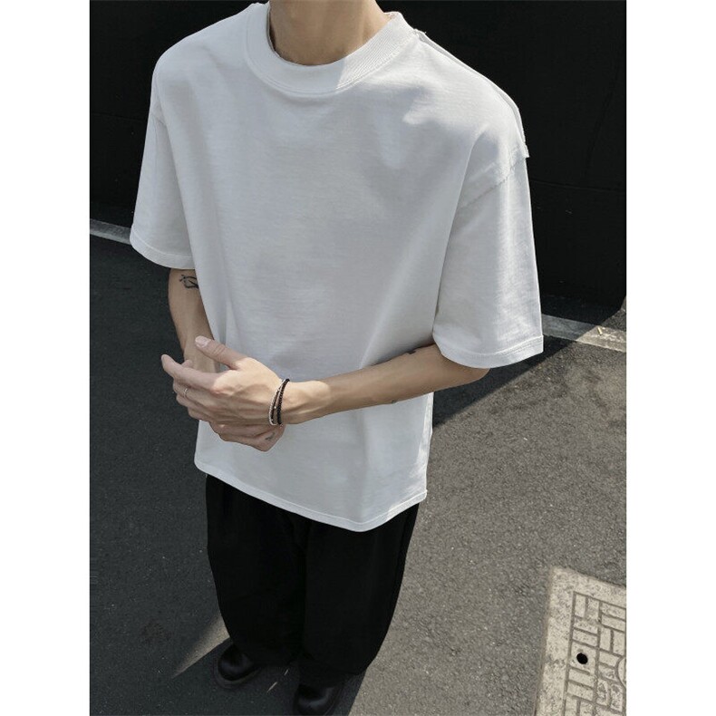重磅纯棉双层领短袖T恤男夏季潮牌纯色拼接凉感速干宽松半袖体恤,男装T恤,星座216(原A116)