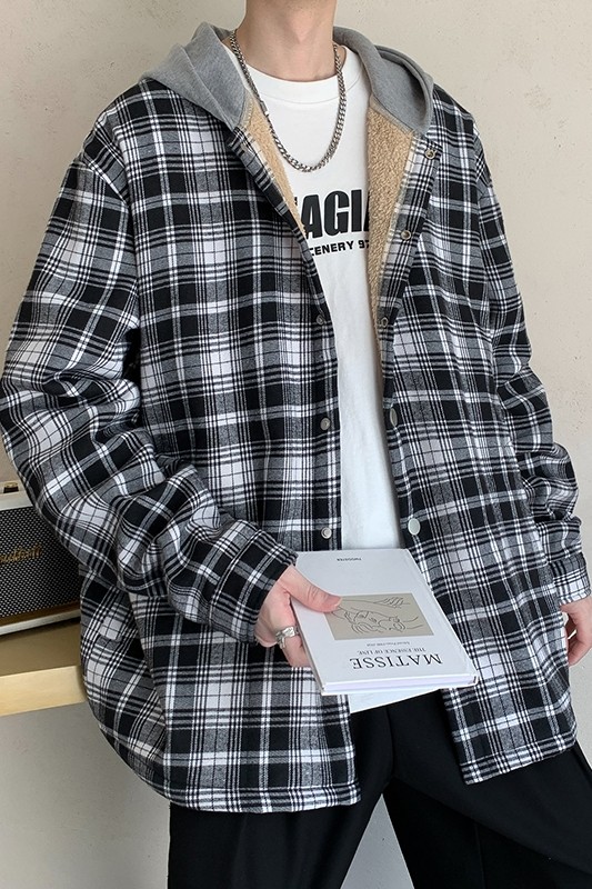 格子连帽外套男2024秋冬新款宽松休闲夹克男情侣衬衫外套J223-P60,男装夹克,星座505-3