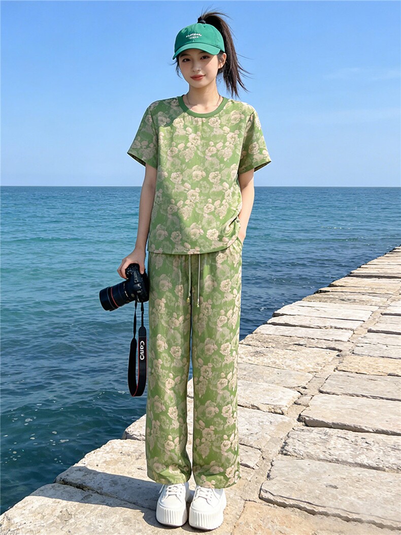 女夏季新款高端时尚花色短袖T恤套装宽松显瘦抽绳阔腿裤两件套潮,女装套装/套裙,江南