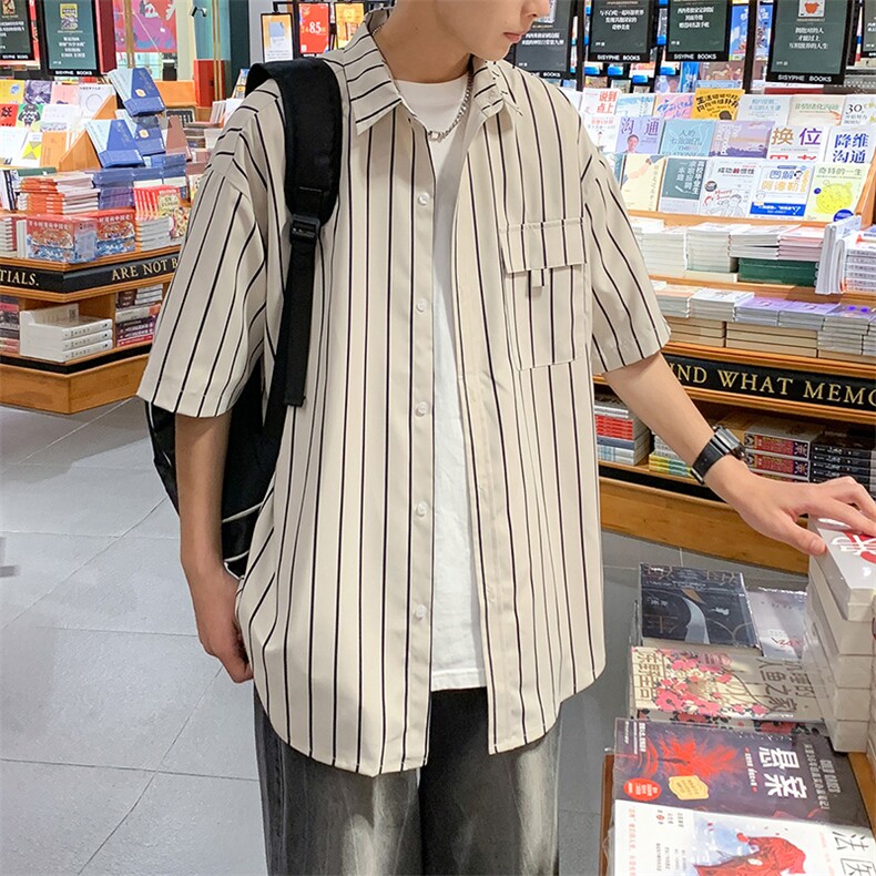 24年港风夏款工装条纹宽松短袖衬衫男CS110P38,男装衬衫,星座1204-3
