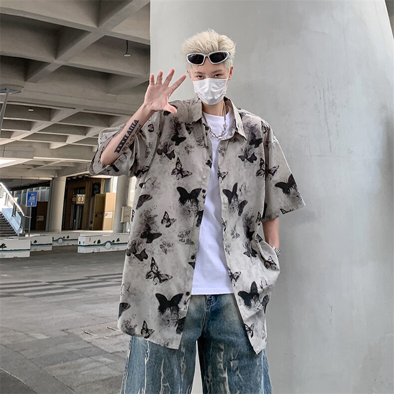 风小众设计蝴蝶短袖男女薄款宽松垂感复古水墨印花衬衣开衫外套，女装短外套，星座505-2（原电商A260-1)