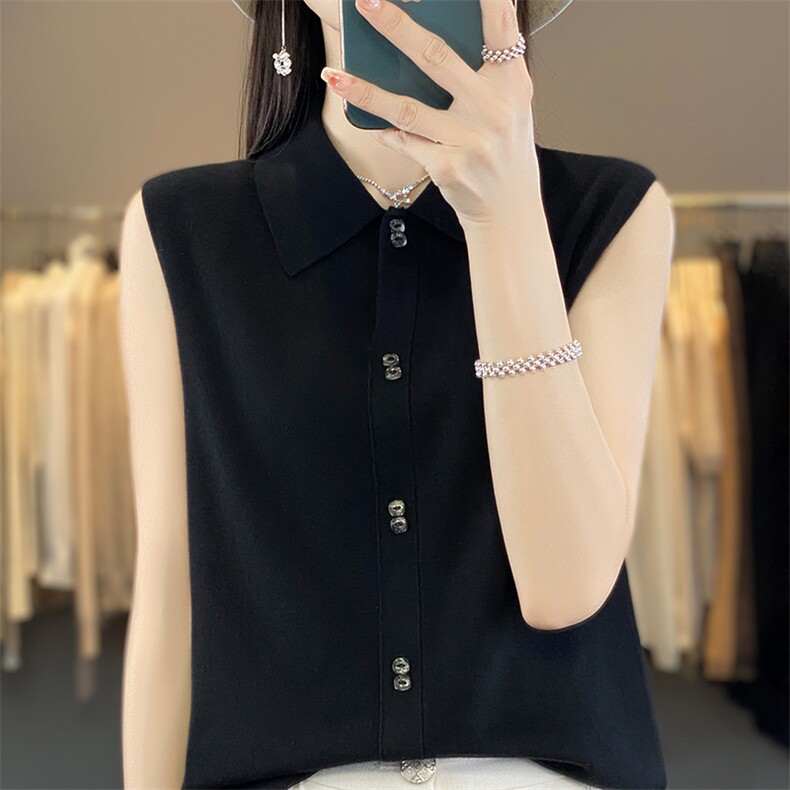 夏季薄款精纺细羊毛polo领针织背心女坎肩宽松显瘦韩版无袖打底衫,女装背心吊带,朝贺羊绒